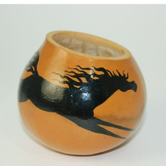 Handpainted Gourd Art Running Sleek Black Stallion Horse Signed BC 92 - Picture 1 of 9